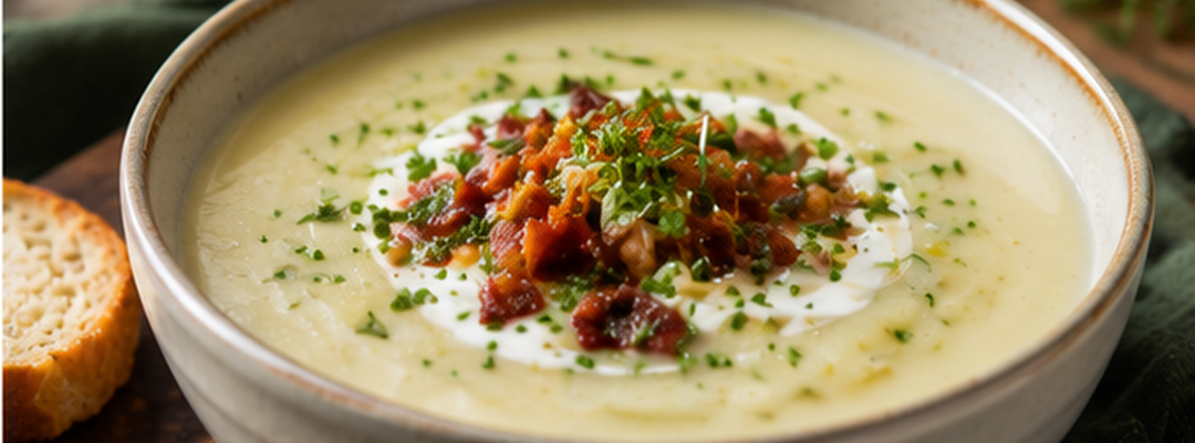Zuppa cremosa di patate e porro con brodo di ossa di manzo