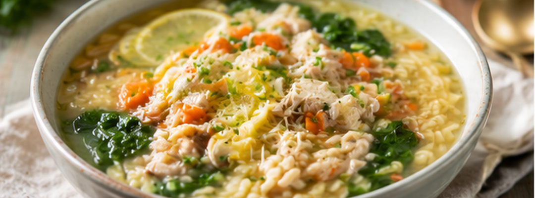 Zuppa di pastina al pollo con brodo di ossa al limone