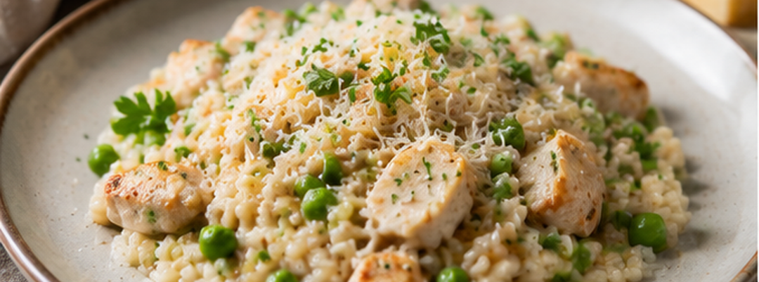 Padella cremosa di pollo e riso con piselli e brodo di ossa