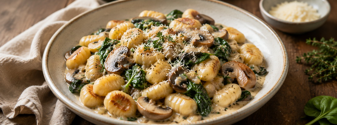 Padella cremosa di gnocchi con funghi e brodo di ossa di manzo
