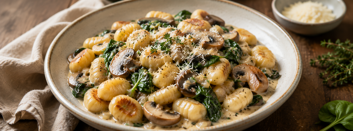 Padella cremosa di gnocchi con funghi e brodo di ossa di manzo
