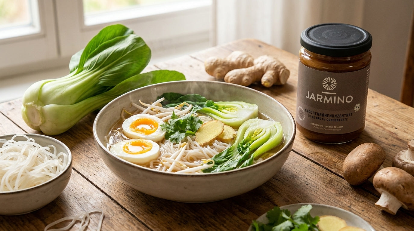 Brodo allo zenzero in 10 minuti con uovo, verdure e spaghetti di riso