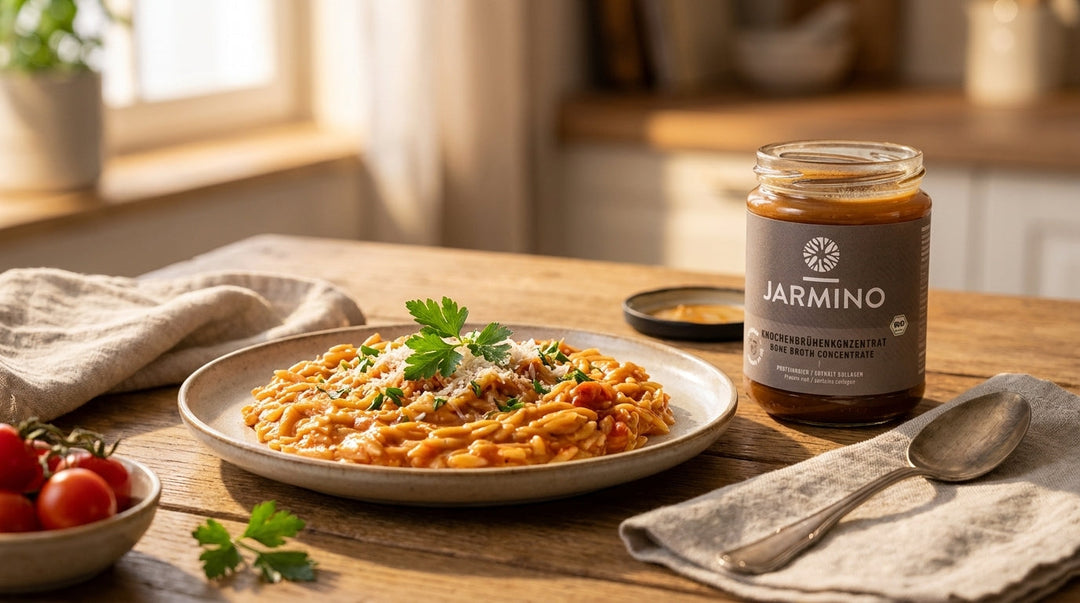 Risoni cremosi al pomodoro con brodo di ossa